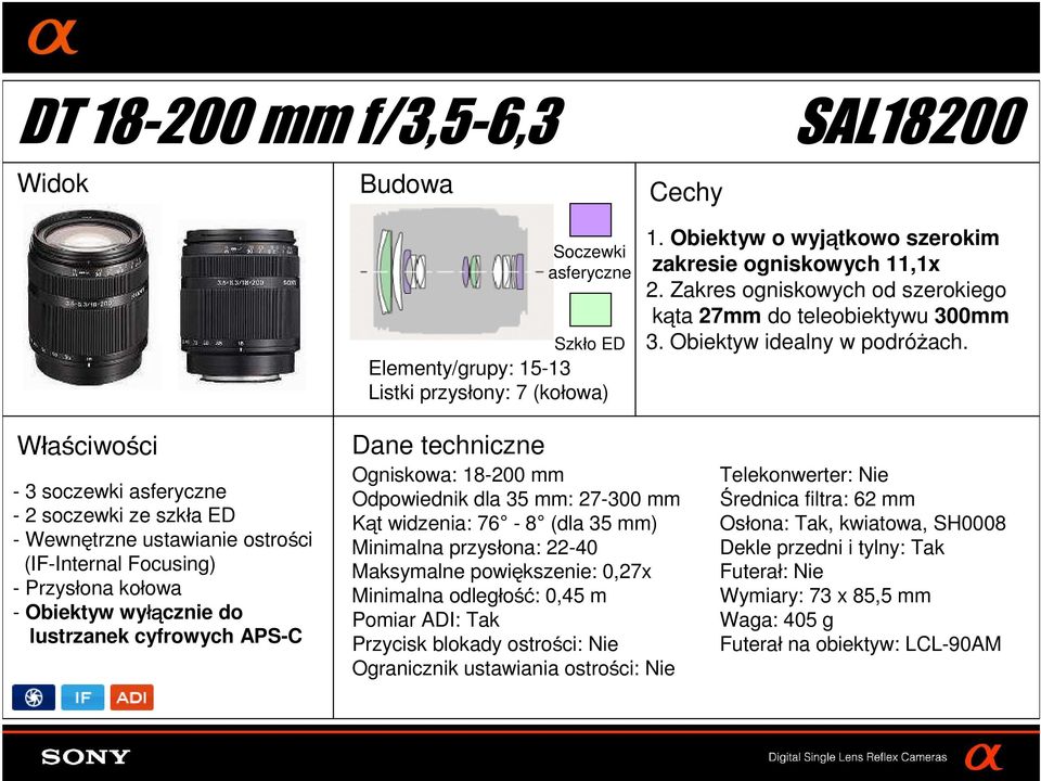 - 3 soczewki asferyczne - 2 soczewki ze szkła ED - Wewnętrzne ustawianie ostrości (IF-Internal Focusing) - Obiektyw wyłą łącznie do lustrzanek cyfrowych APS-C Ogniskowa: 18-200 mm