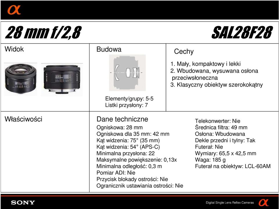 Klasyczny obiektyw szerokokątny Ogniskowa: 28 mm Ogniskowa dla 35 mm: 42 mm Kąt widzenia: 75 (35 mm) Kąt widzenia: 54