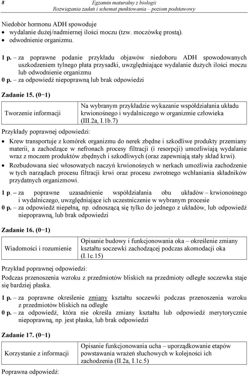 za odpowiedź niepoprawną lub brak odpowiedzi Zadanie 15. (0 1) Na wybranym przykładzie wykazanie współdziałania układu krwionośnego i wydalniczego w organizmie człowieka (III.2a, I.1b.
