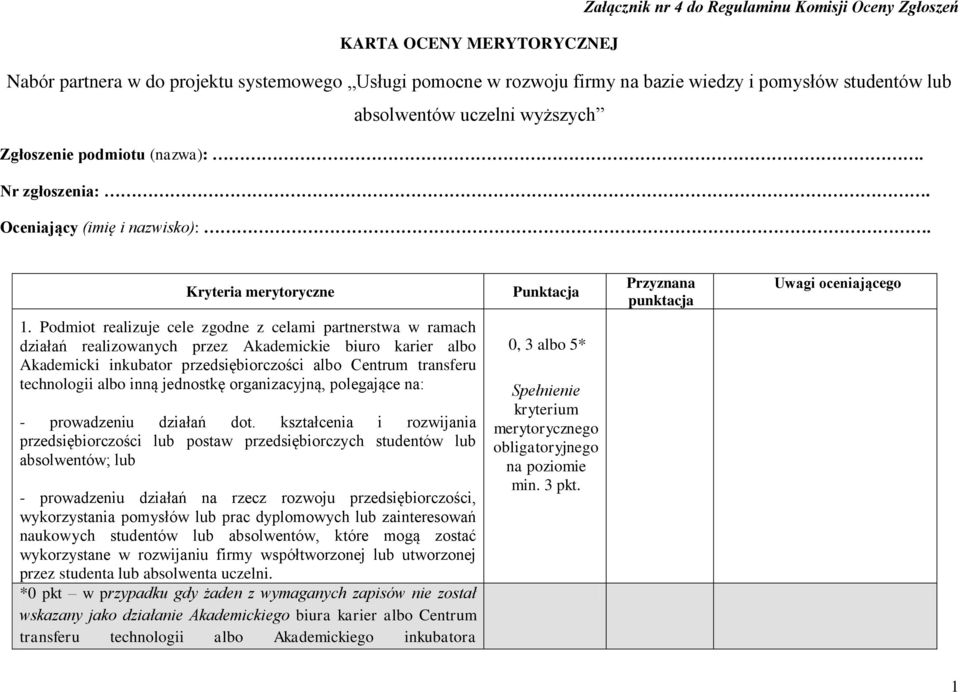 Podmiot realizuje cele zgodne z celami partnerstwa w ramach działań realizowanych przez Akademickie biuro karier albo Akademicki inkubator przedsiębiorczości albo Centrum transferu technologii albo