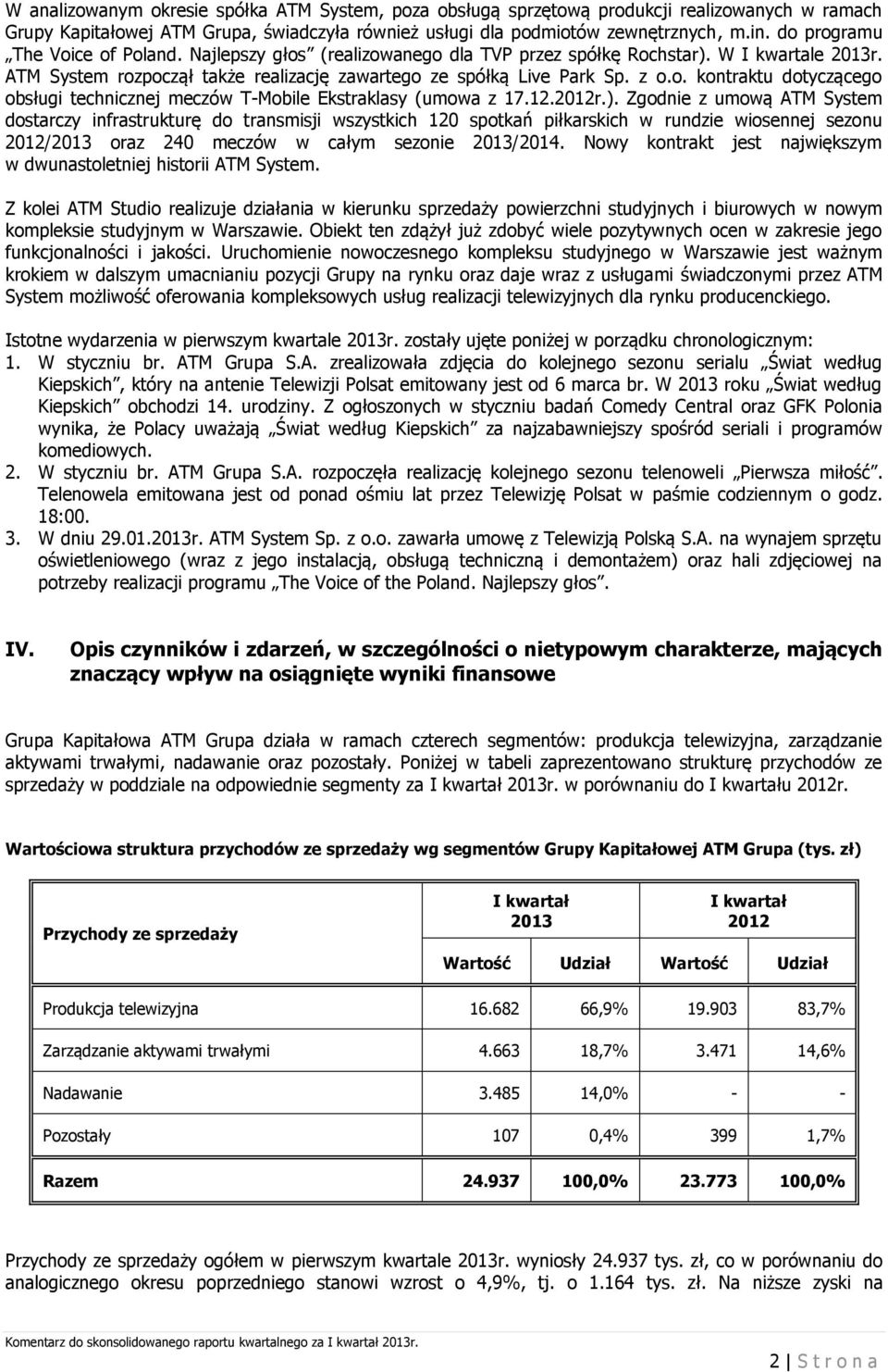 12.2012r.). Zgodnie z umową ATM System dostarczy infrastrukturę do transmisji wszystkich 120 spotkań piłkarskich w rundzie wiosennej sezonu 2012/2013 oraz 240 meczów w całym sezonie 2013/2014.