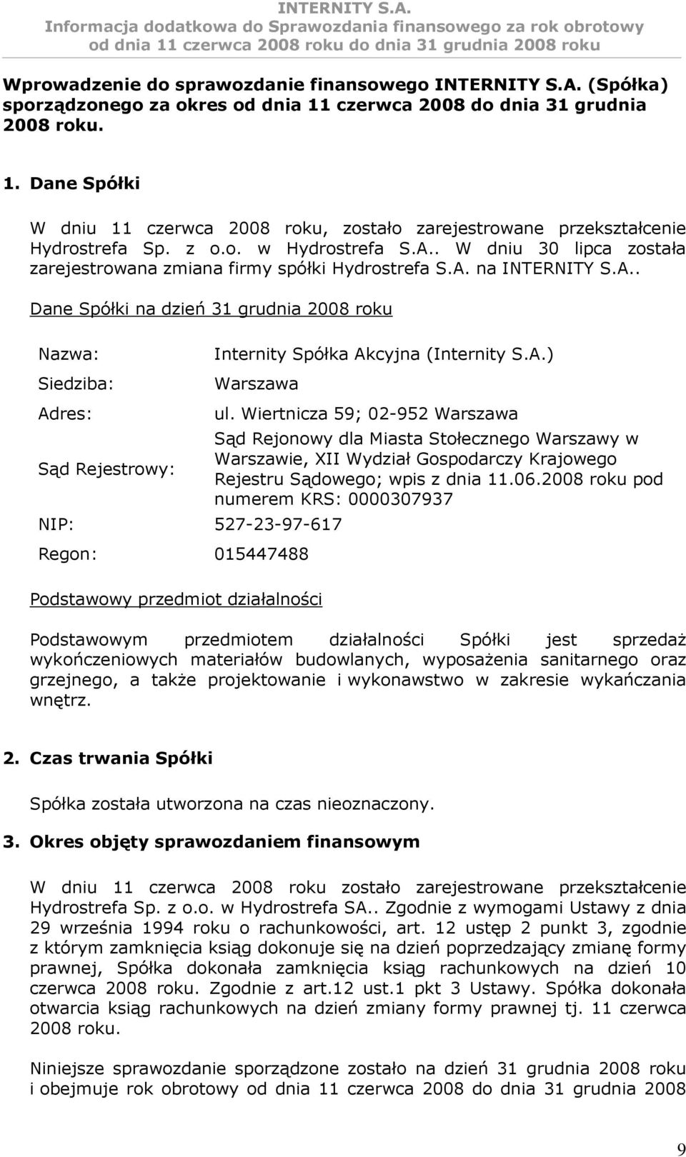 A.. W dniu 30 lipca została zarejestrowana zmiana firmy spółki Hydrostrefa S.A. na INTERNITY S.A.. Dane Spółki na dzień 31 grudnia 2008 roku Nazwa: Siedziba: Internity Spółka Akcyjna (Internity S.A.) Warszawa Adres: Sąd Rejestrowy: NIP: 527-23-97-617 Regon: 015447488 ul.