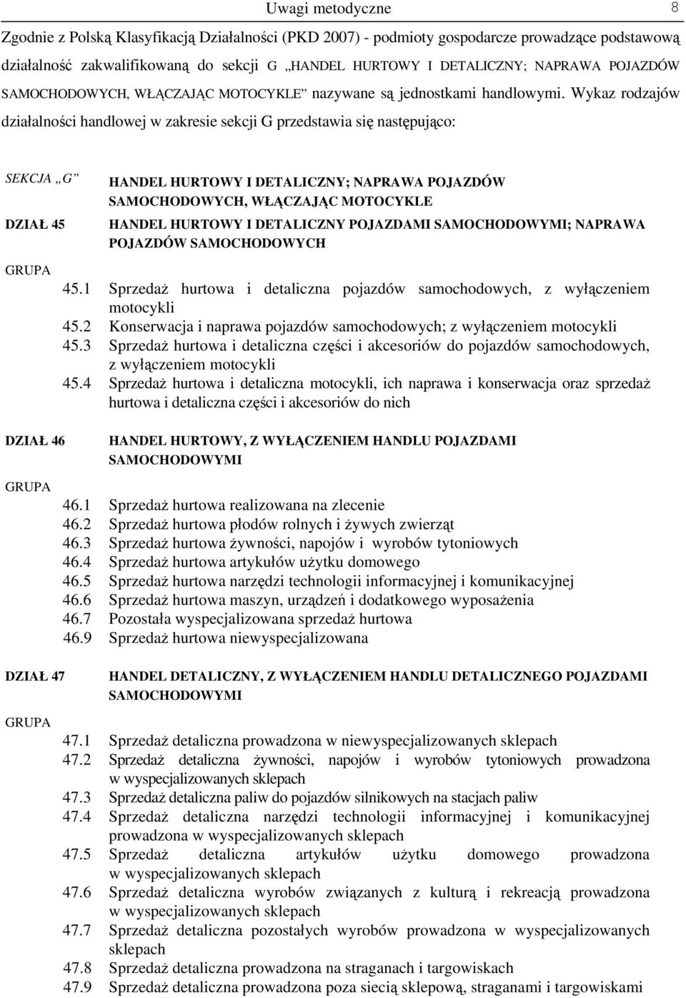 Wykaz rodzajów działalności handlowej w zakresie sekcji G przedstawia się następująco: SEKCJA G DZIAŁ 45 HANDEL HURTOWY I DETALICZNY; NAPRAWA POJAZDÓW SAMOCHODOWYCH, WŁĄCZAJĄC MOTOCYKLE HANDEL