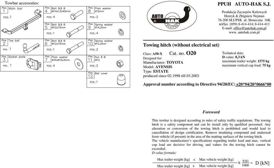 2003 Technical data: D-value: 8,3 kn maximum trailer weight: 155 kg maximum vertical cup load: 5 kg Approval number according to Directive 9/20/EC: e20*9/20*0666*00 Foreword This towbar is designed