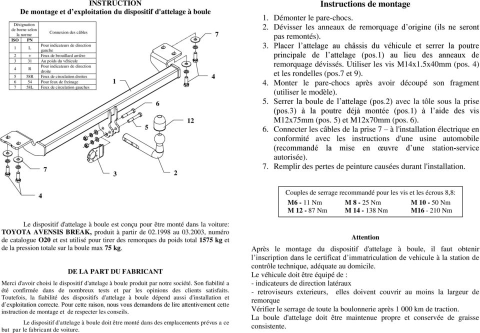 d'attelage à boule est conçu pour être monté dans la voiture: TOYOTA AVENSIS BREAK, produit à partir de 02.1998 au 03.