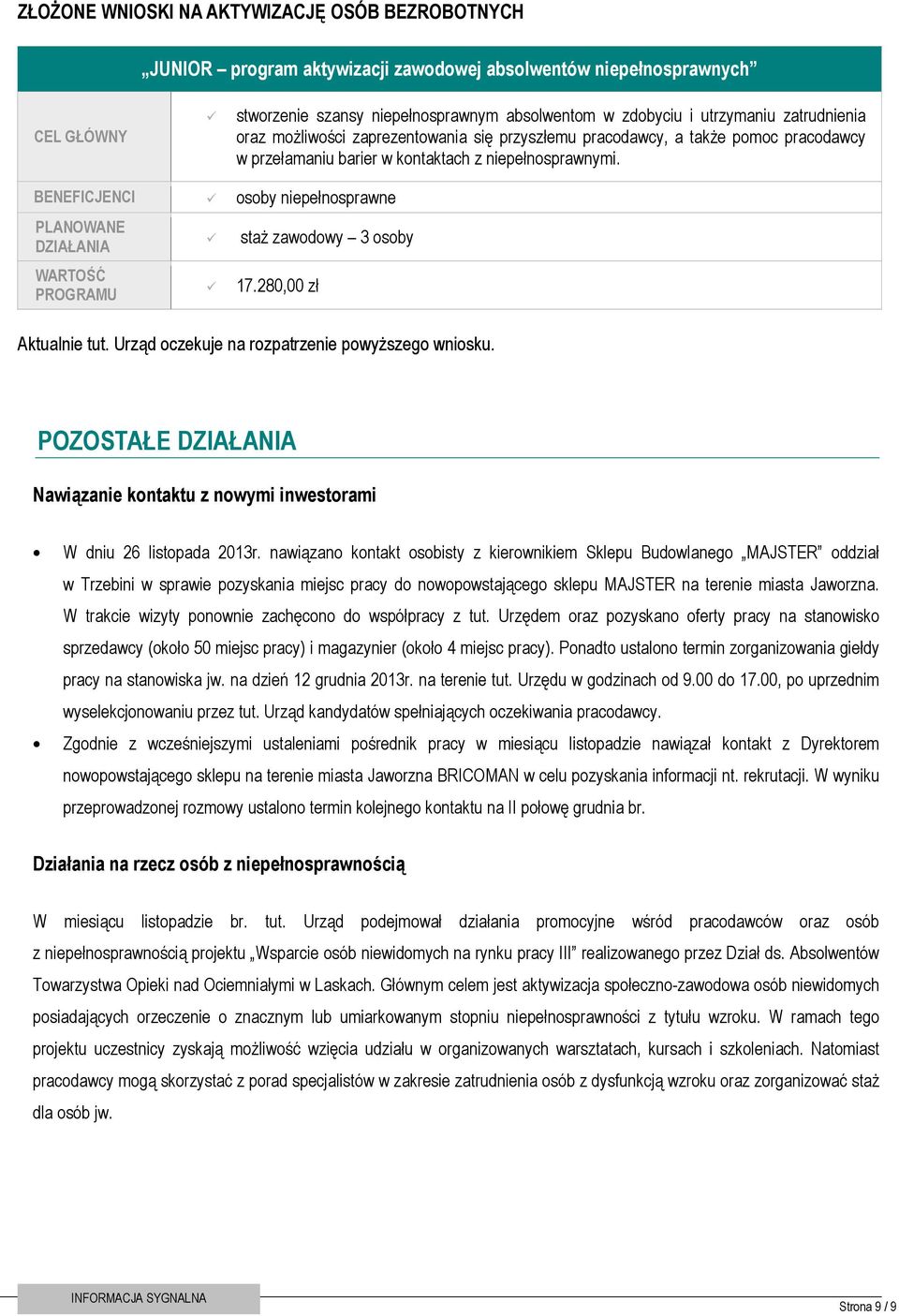 osoby niepełnosprawne WARTOŚĆ PROGRAMU staż zawodowy 3 osoby 17.280,00 zł Aktualnie tut. Urząd oczekuje na rozpatrzenie powyższego wniosku.