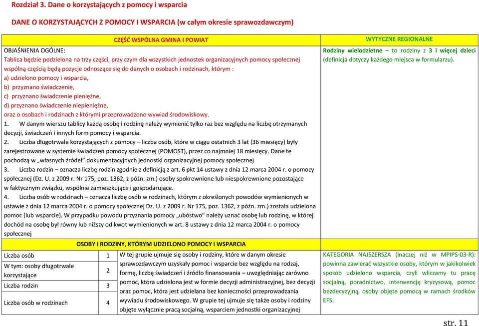 części, przy czym dla wszystkich jednostek organizacyjnych pomocy społecznej wspólną częścią będą pozycje odnoszące się do danych o osobach i rodzinach, którym : a) udzielono pomocy i wsparcia, b)