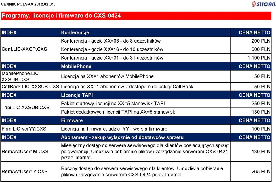 MobilePhone.LIC- XXSUB.CXS Licencja na XX=1 abonentów MobilePhone CallBack.LIC-XXSUB.CXS Licencja na XX=1 abonentów z dostępem do usługi Call Back 50 PLN 50 PLN INDEX Licencje TAPI CENA NETTO Tapi.