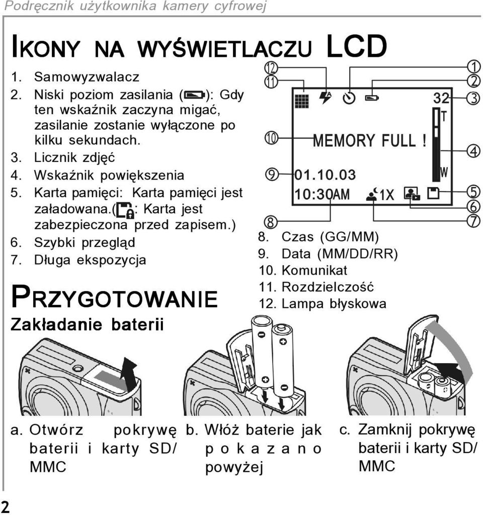 Wskaünik powiíkszenia 5. Karta pamiíci: Karta pamiíci jest za adowana.( : Karta jest zabezpieczona przed zapisem.) 6. Szybki przeglπd 7.