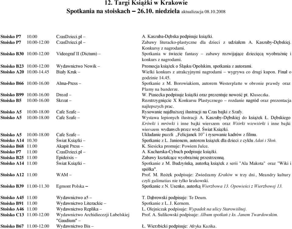 Stoisko A20 10.00-14.45 Biały Kruk Wielki konkurs z atrakcyjnymi nagrodami wygrywa co drugi kupon. Finał o godzinie 14.45. Stoisko B66 10.00-16.00 Alma-Press Spotkanie z M.