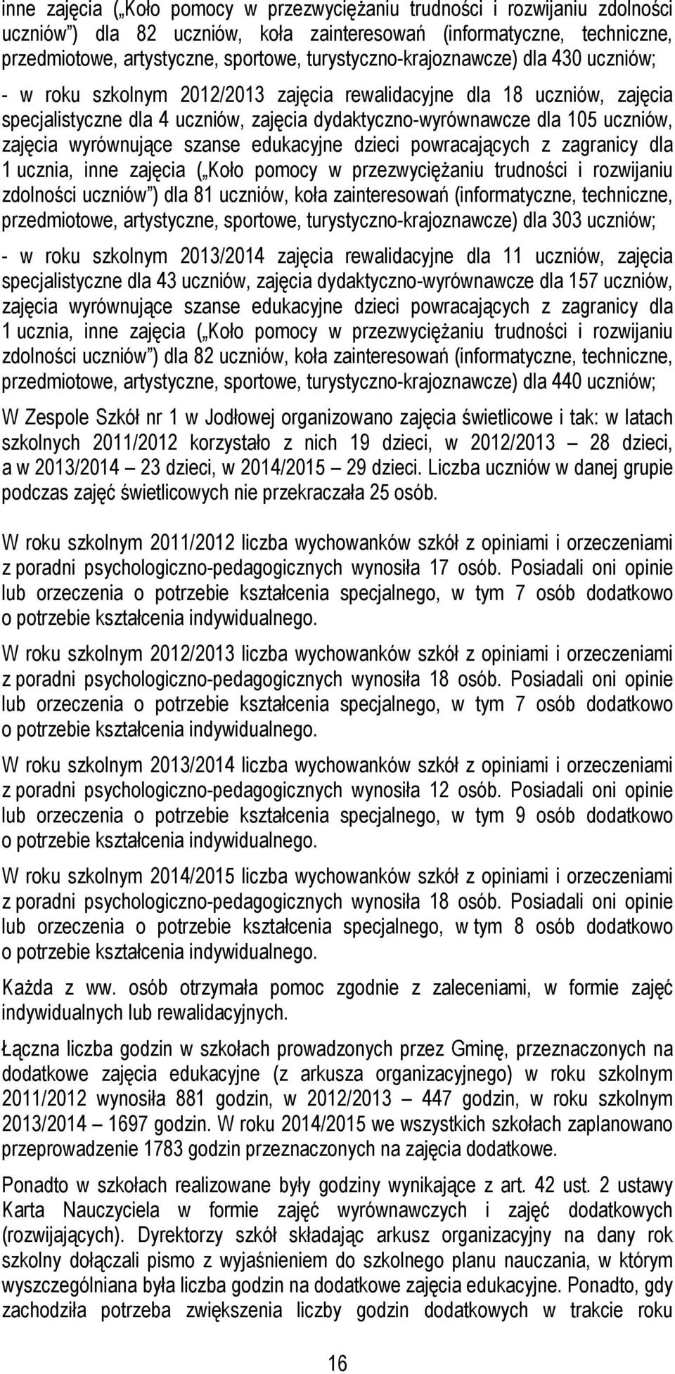 zajęcia wyrównujące szanse edukacyjne dzieci powracających z zagranicy dla 1 ucznia, inne zajęcia ( Koło pomocy w przezwyciężaniu trudności i rozwijaniu zdolności uczniów ) dla 81 uczniów, koła