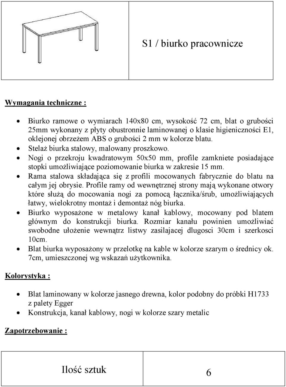 Nogi o przekroju kwadratowym 50x50 mm, profile zamkniete posiadające stopki umoŝliwiające poziomowanie biurka w zakresie 15 mm.