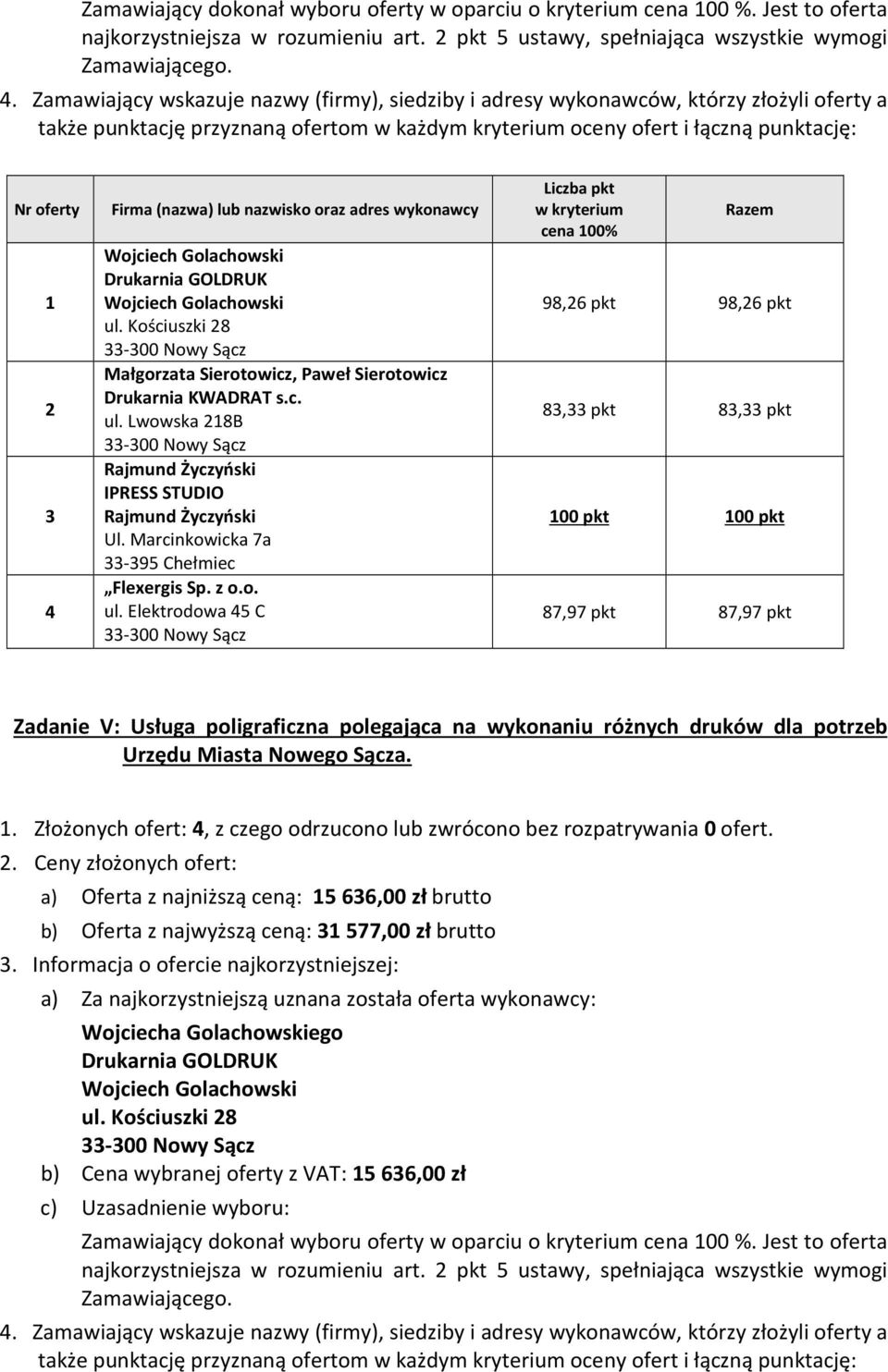 Sącza.. Złożonych ofert:, z czego odrzucono lub zwrócono bez rozpatrywania 0 ofert.. Ceny złożonych ofert: a) Oferta z najniższą ceną: 5 66,00 zł brutto b) Oferta z najwyższą ceną: 577,00 zł brutto.