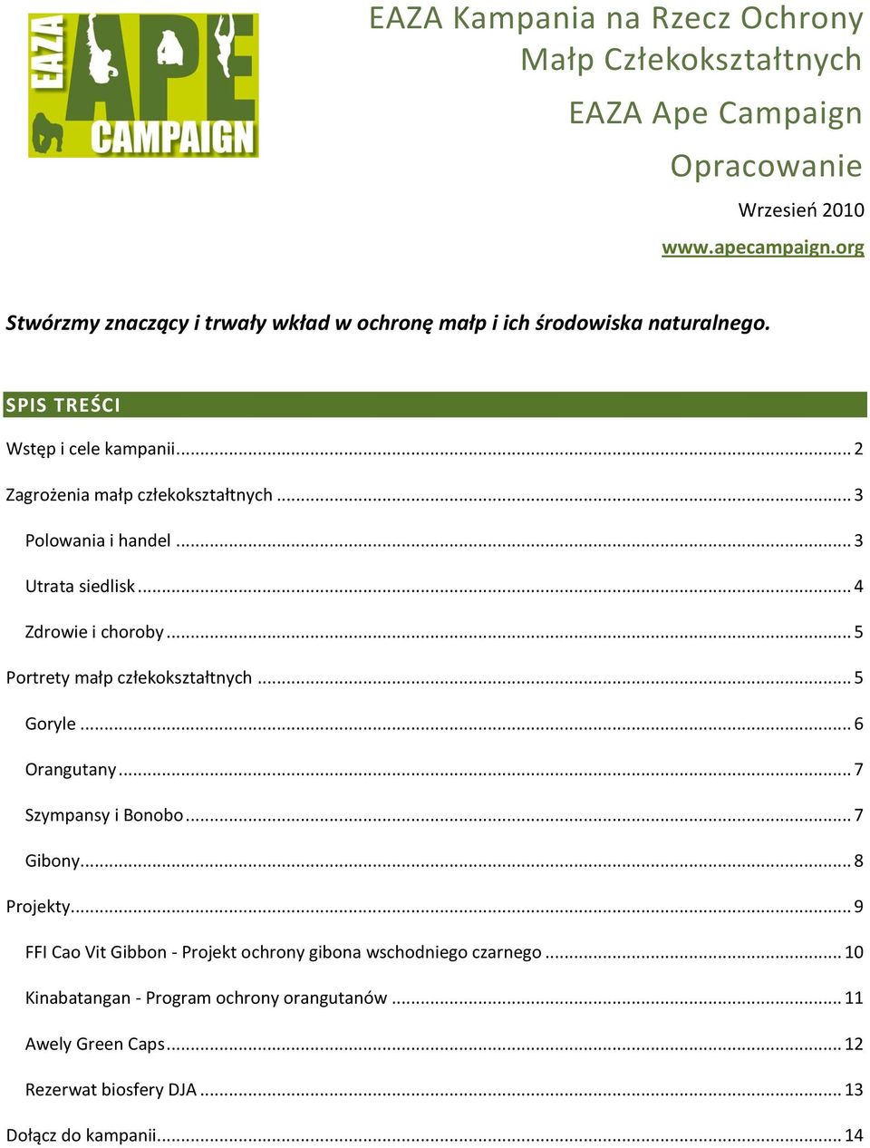 .. 3 Polowania i handel... 3 Utrata siedlisk... 4 Zdrowie i choroby... 5 Portrety małp człekokształtnych... 5 Goryle... 6 Orangutany... 7 Szympansy i Bonobo.