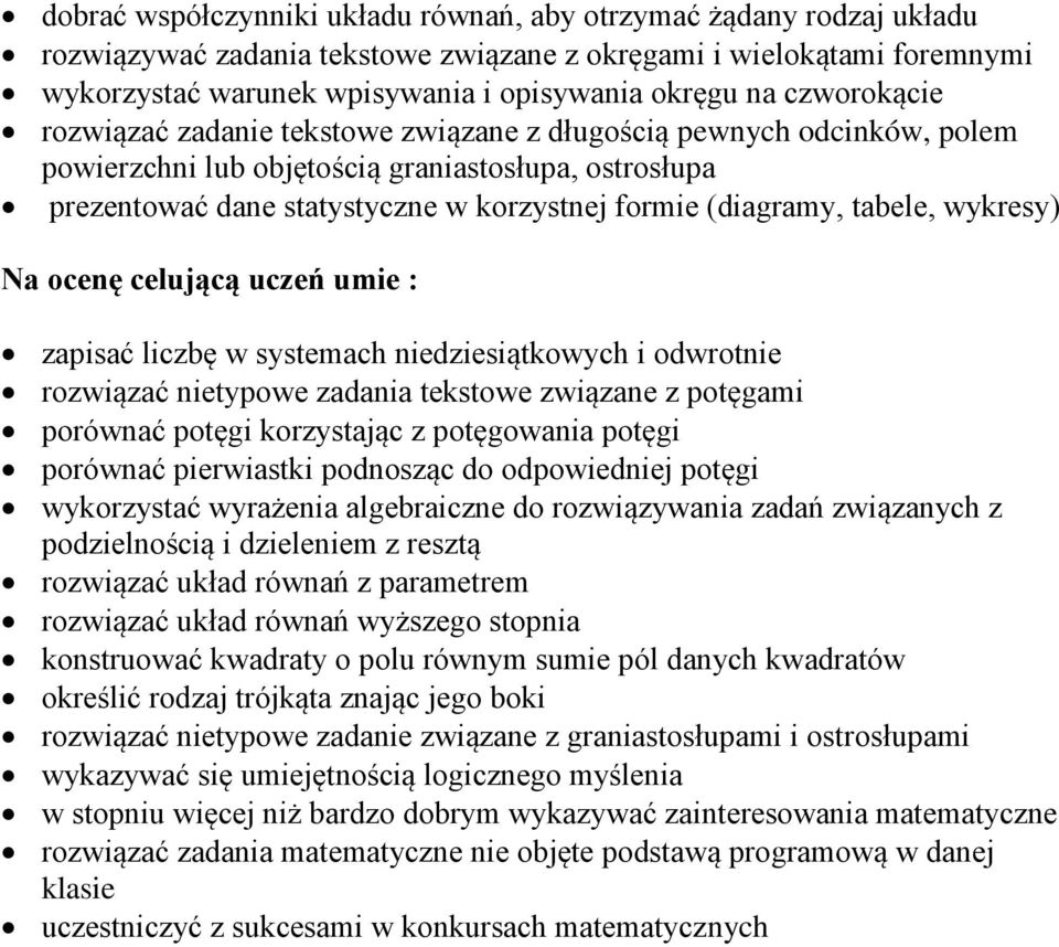 tabele, wykresy) Na ocenę celującą uczeń umie : zapisać liczbę w systemach niedziesiątkowych i odwrotnie rozwiązać nietypowe zadania tekstowe związane z potęgami porównać potęgi korzystając z