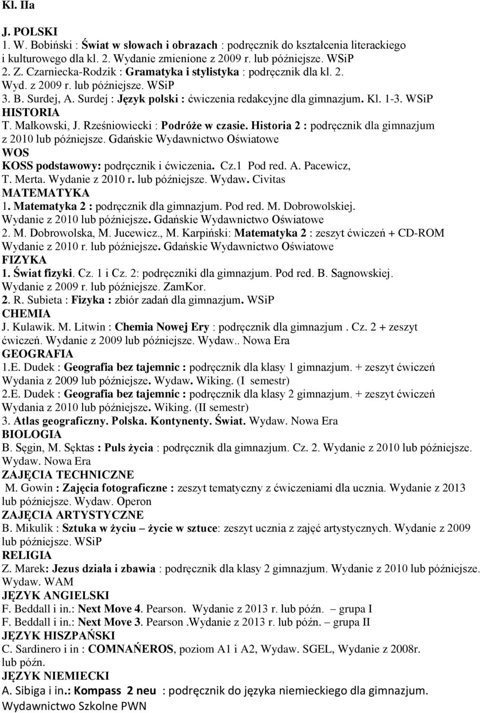 Mikulik : Sztuka w życiu życie w sztuce: zeszyt ucznia z zajęć artystycznych. Wydanie z 2009 F. Beddall i in.: Next Move 4. Pearson. Wydanie z 2013 r. lub późn. grupa I F. Beddall i in.: Next Move 3.