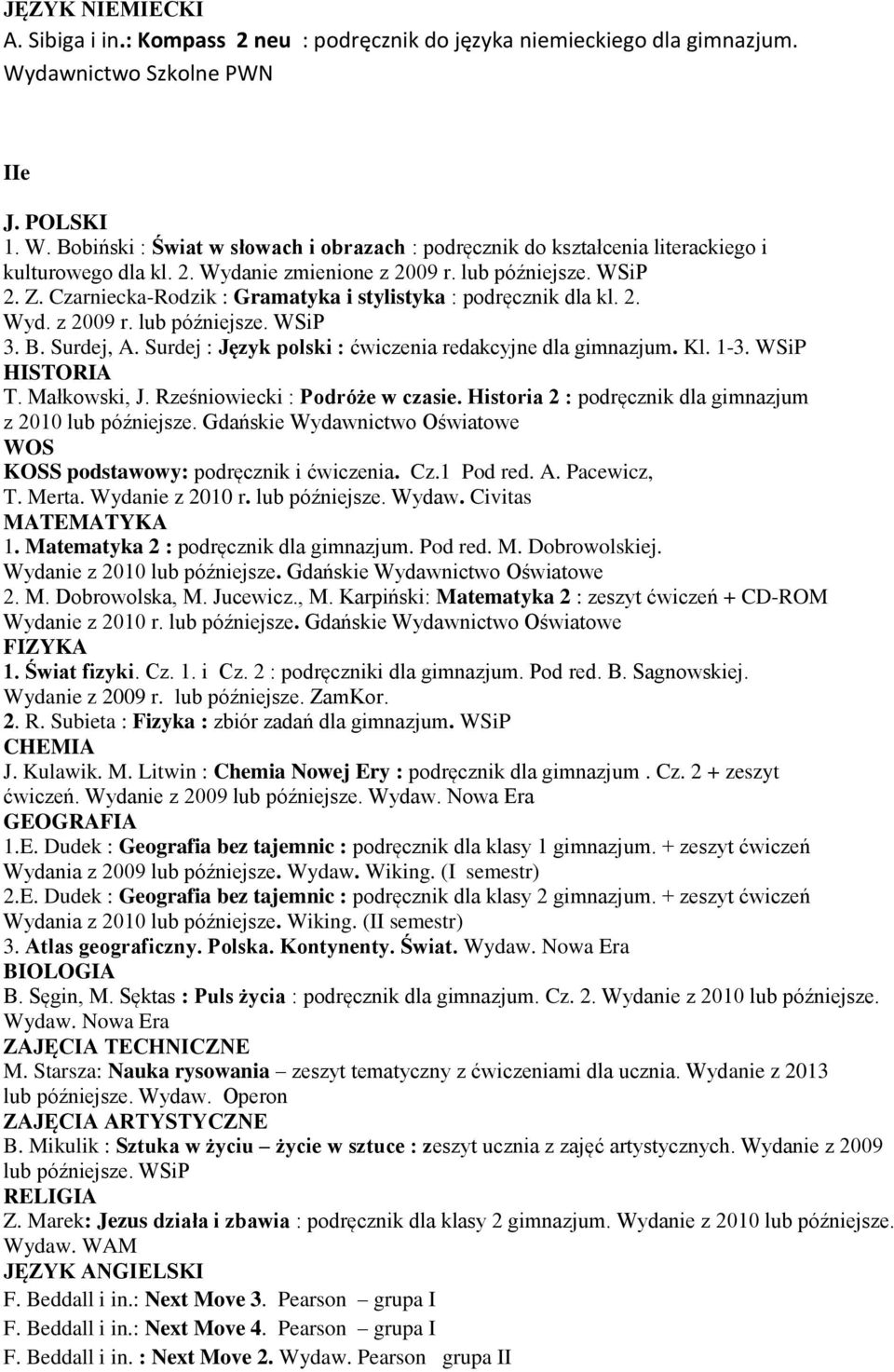 Cz. 1. i Cz. 2 : podręczniki dla gimnazjum. Pod red. B. Sagnowskiej. ćwiczeń. Wydanie z 2009 lub późniejsze. M. Starsza: Nauka rysowania zeszyt tematyczny z ćwiczeniami dla ucznia.