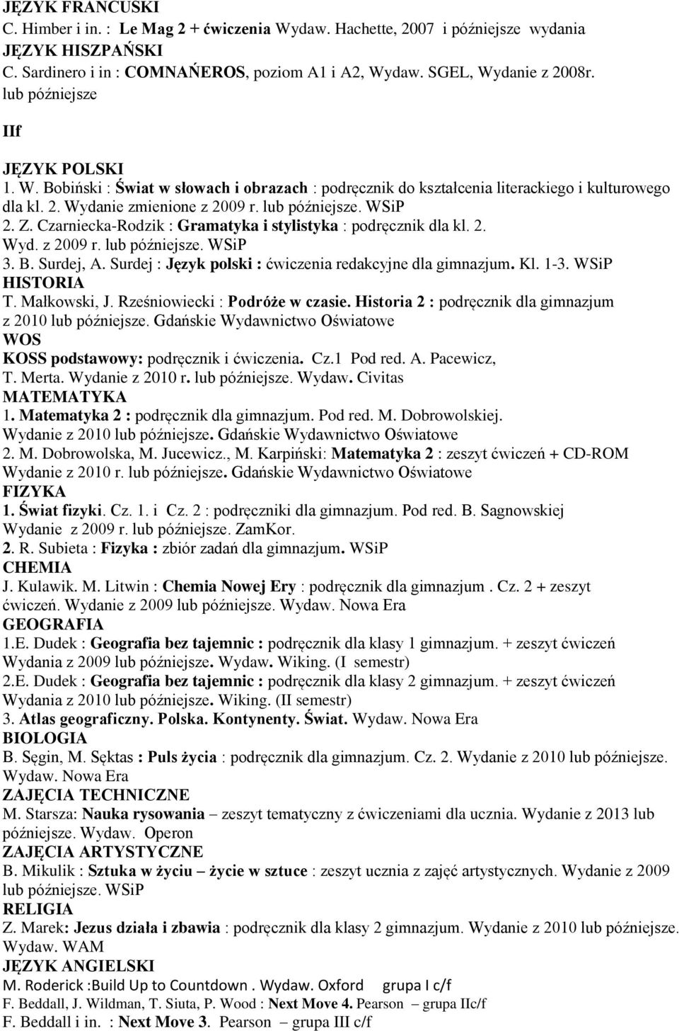 1. i Cz. 2 : podręczniki dla gimnazjum. Pod red. B. Sagnowskiej ćwiczeń. Wydanie z 2009 lub późniejsze. M. Starsza: Nauka rysowania zeszyt tematyczny z ćwiczeniami dla ucznia.