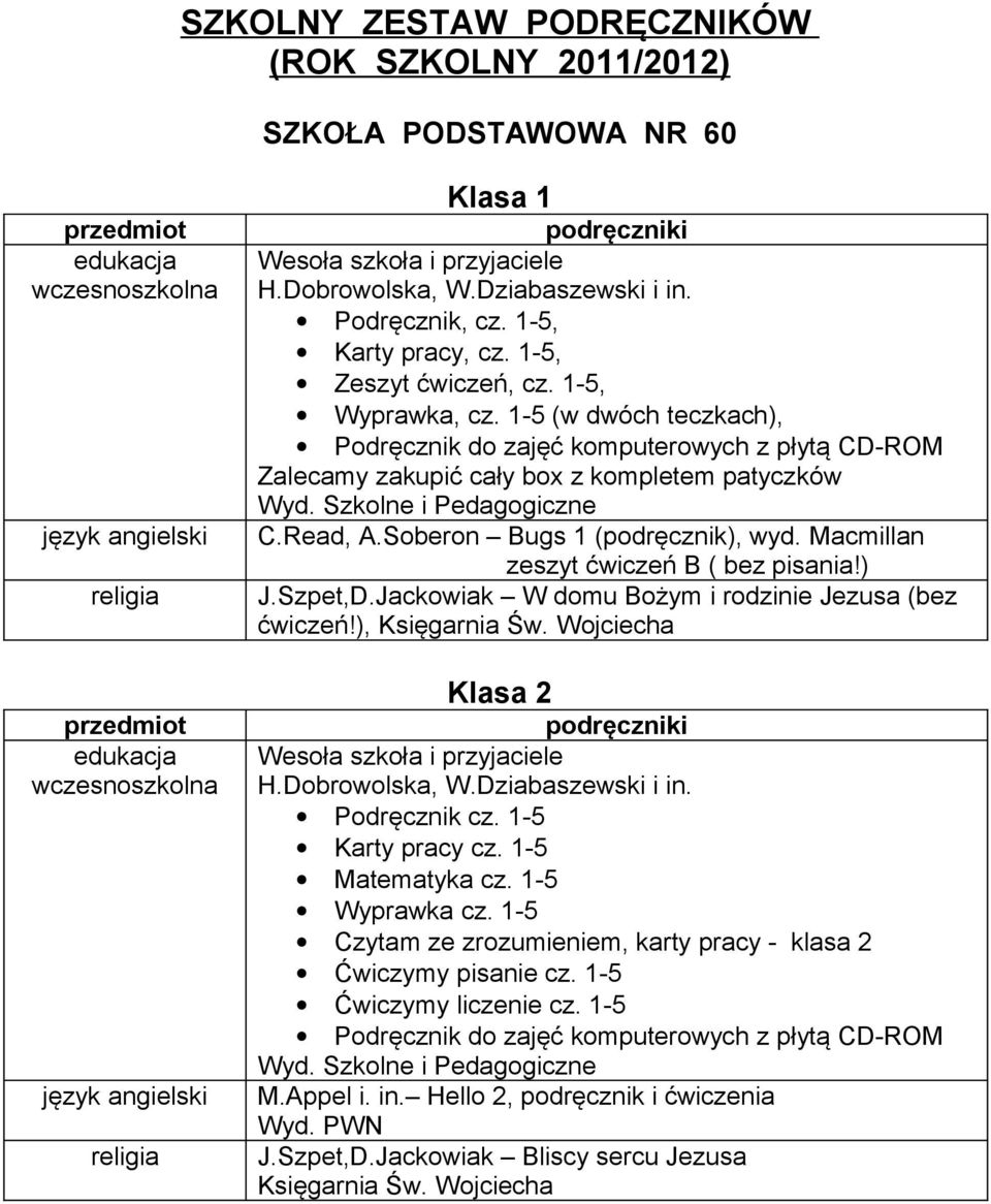 1-5 (w dwóch teczkach), Podręcznik do zajęć komputerowych z płytą CD-ROM Zalecamy zakupić cały box z kompletem patyczków C.Read, A.Soberon Bugs 1 (podręcznik), wyd.