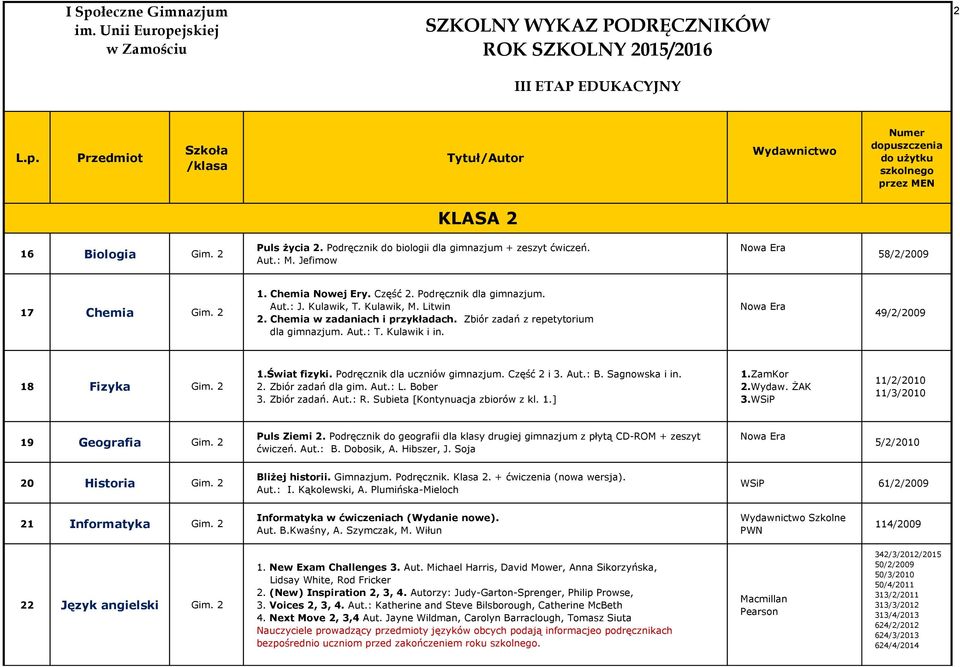 Podręcznik dla uczniów gimnazjum. Część 2 i 3. Aut.: B. Sagnowska i in. 2. Zbiór zadań dla gim. Aut.: L. Bober 3. Zbiór zadań. Aut.: R. Subieta [Kontynuacja zbiorów z kl. 1.] 1.ZamKor 2.Wydaw. ŻAK 3.