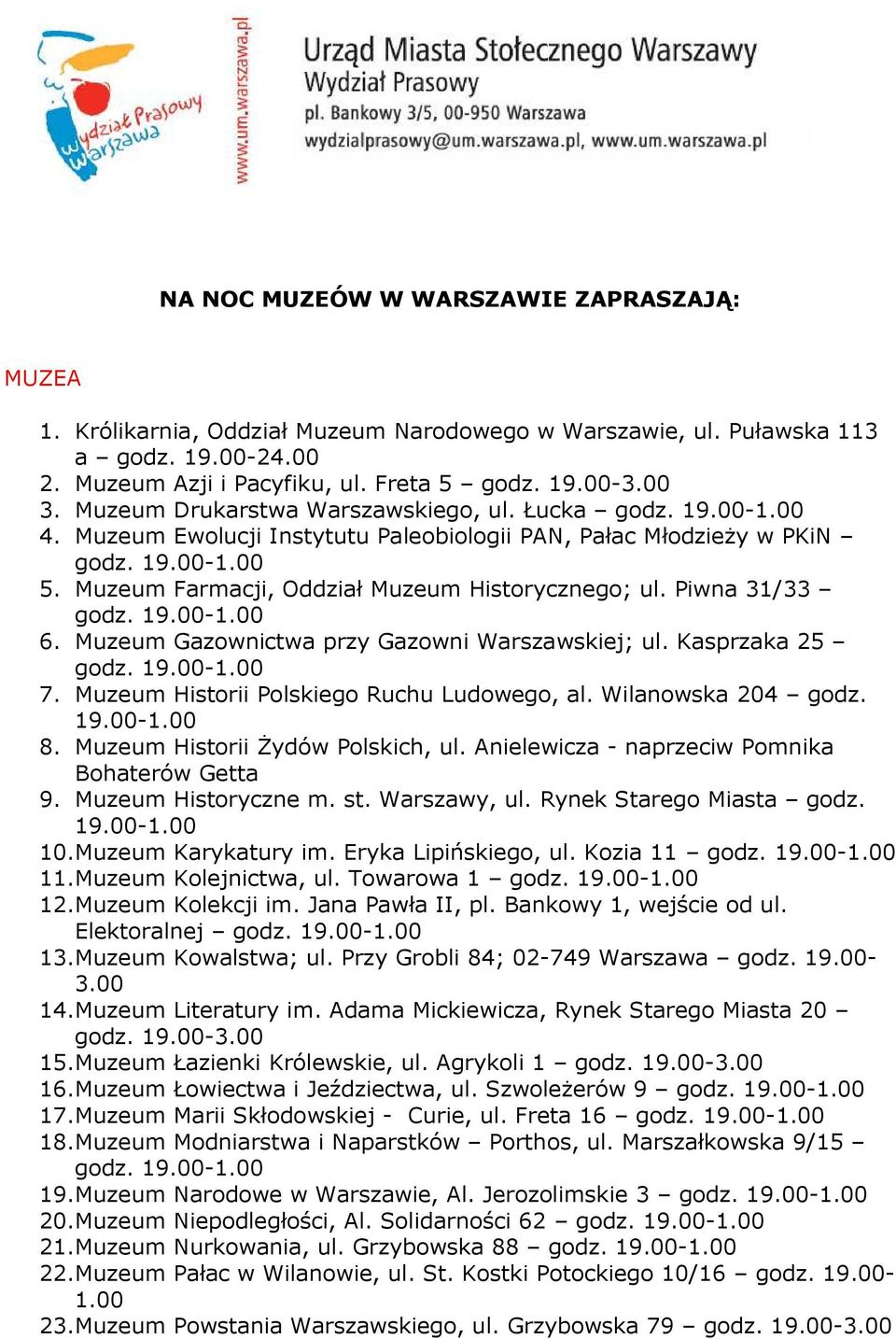 Muzeum Gazownictwa przy Gazowni Warszawskiej; ul. Kasprzaka 25 7. Muzeum Historii Polskiego Ruchu Ludowego, al. Wilanowska 204 godz. 8. Muzeum Historii śydów Polskich, ul.