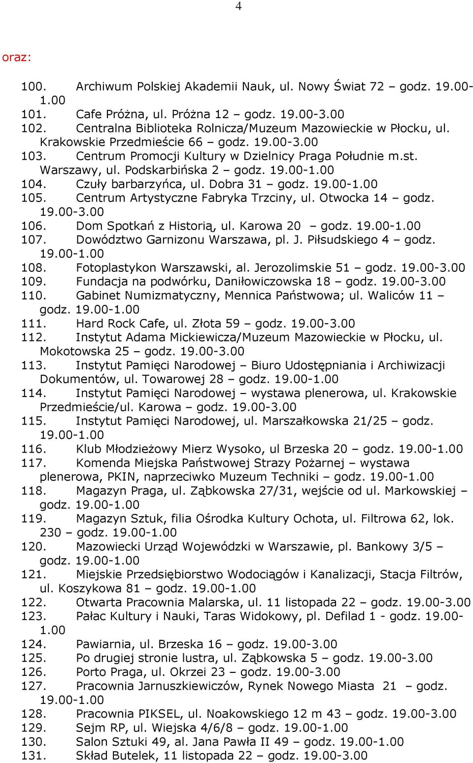 Centrum Artystyczne Fabryka Trzciny, ul. Otwocka 14 godz. 19.00-3.00 106. Dom Spotkań z Historią, ul. Karowa 20 107. Dowództwo Garnizonu Warszawa, pl. J. Piłsudskiego 4 godz. 108.