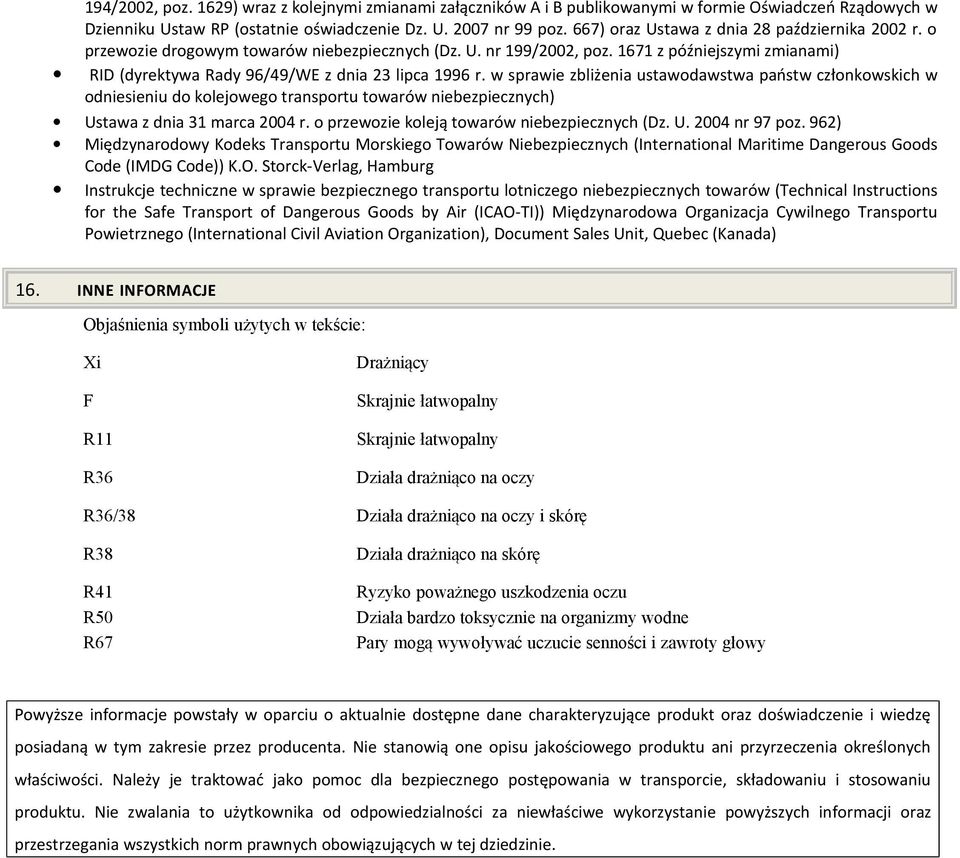 1671 z późniejszymi zmianami) RID (dyrektywa Rady 96/49/WE z dnia 23 lipca 1996 r.