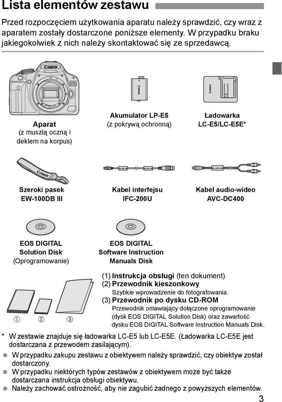 Aparat (z muszlą oczną i delem na orpus) Aumulator LP-E5 (z porywą ochronną) Ładowara LC-E5/LC-E5E* Szeroi pase EW-100DB III Kabel interfejsu IFC-200U Kabel audio-wideo AVC-DC400 EOS DIGITAL Solution