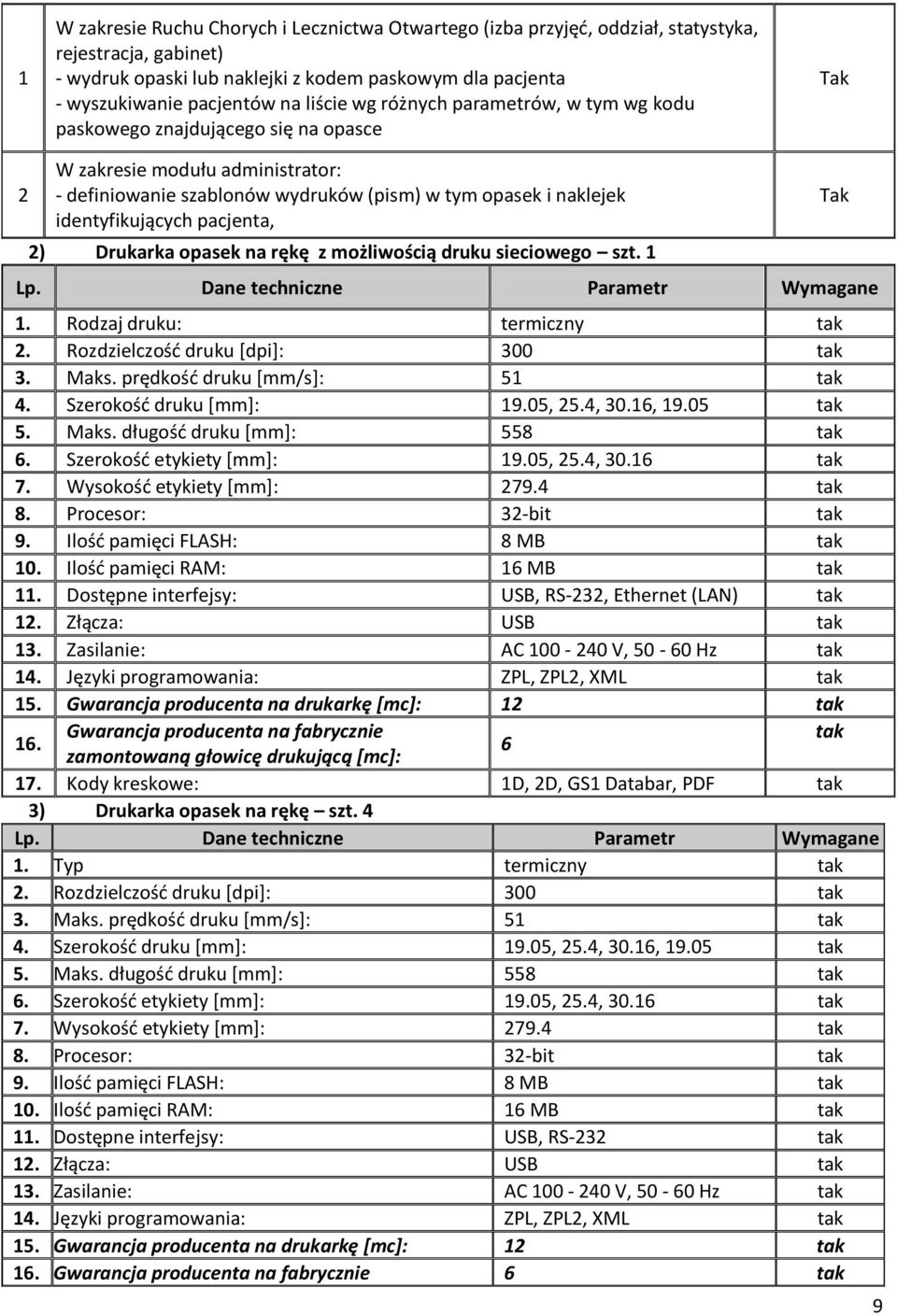 identyfikujących pacjenta, 2) Drukarka opasek na rękę z możliwością druku sieciowego szt. 1 Lp. Dane techniczne Parametr Wymagane 1. Rodzaj druku: termiczny 2. Rozdzielczość druku [dpi]: 300 3. Maks.