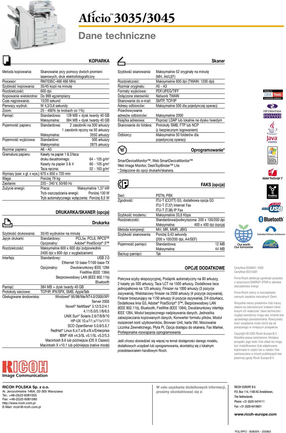 twardy 40 GB 384 MB + dysk twardy 40 GB Pojemność papieru: Standardowa: 2 zasobniki na 500 arkuszy 1 zasobnik ręczny na 50 arkuszy 3550 arkuszy Pojemność wyjściowa: Standardow: 500 arkuszy 2875