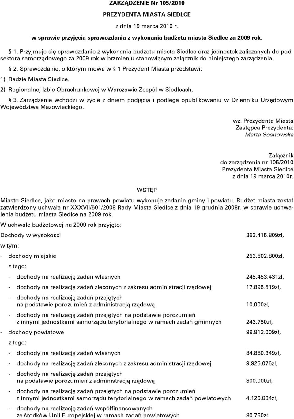 marca 2010 r. w sprawie przyjęcia sprawozdania z wykonania budżetu miasta Siedlce za 2009 rok. 1.