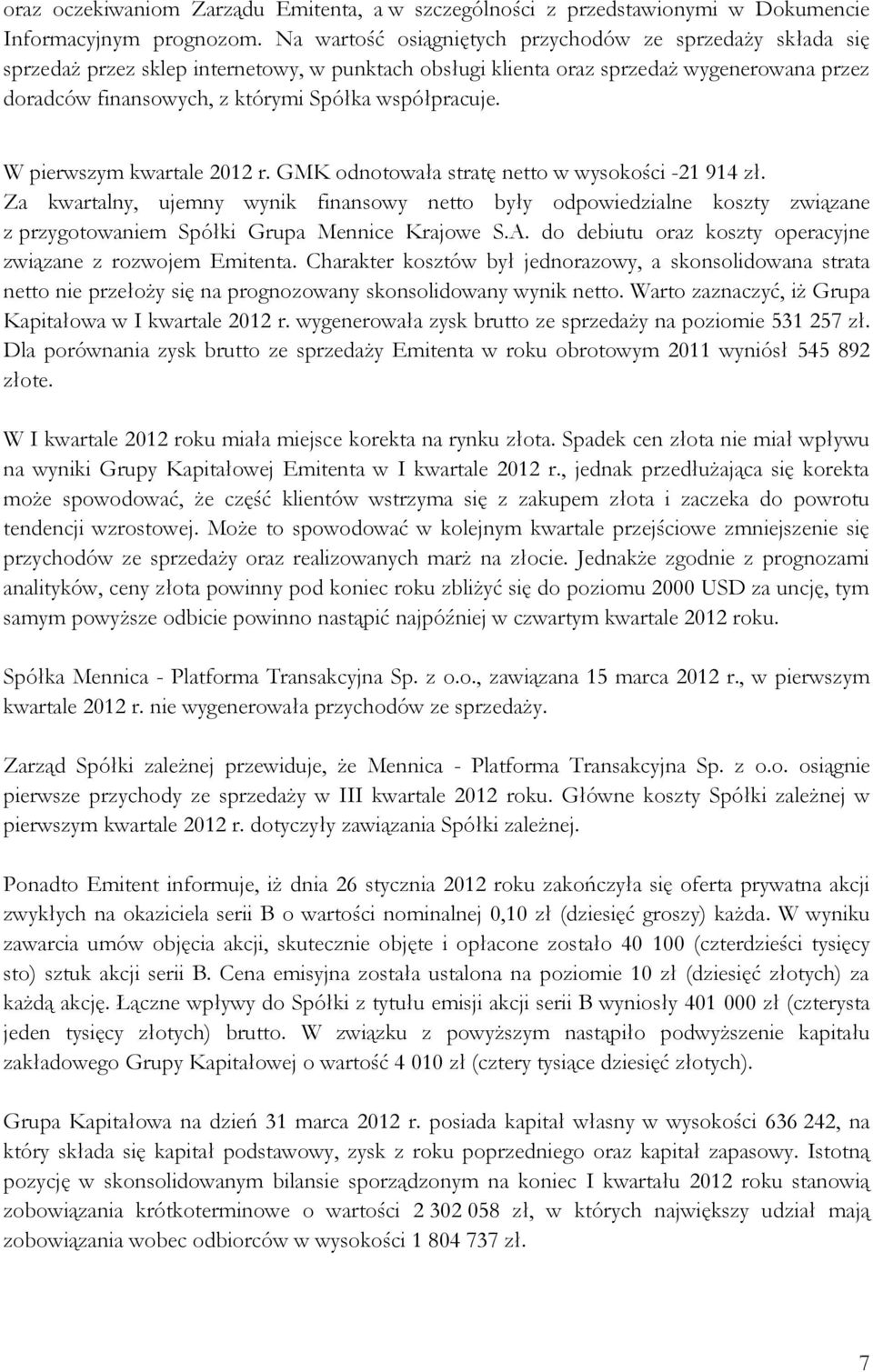 współpracuje. W pierwszym kwartale 2012 r. GMK odnotowała stratę netto w wysokości -21 914 zł.