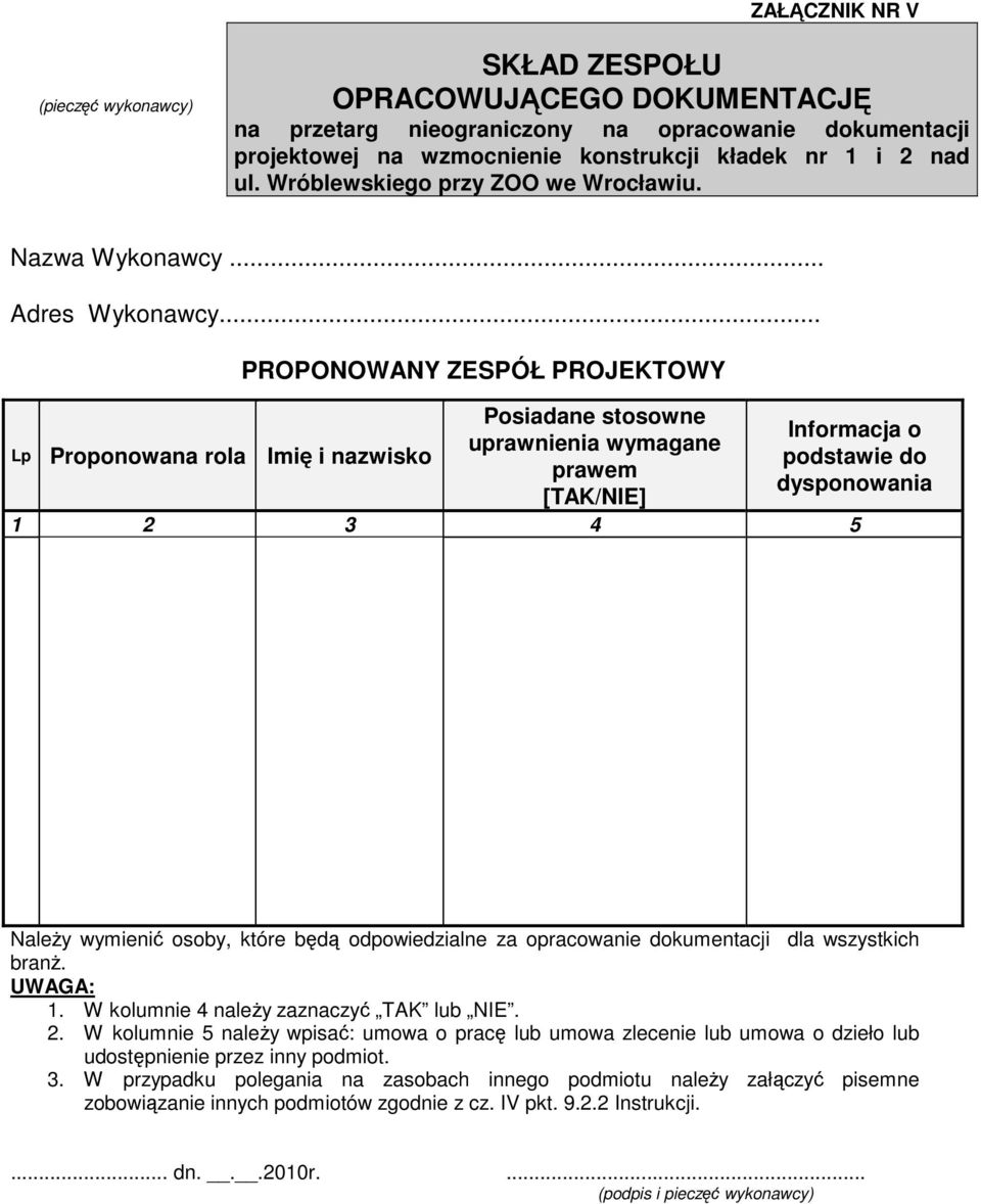 które będą odpowiedzialne za opracowanie dokumentacji dla wszystkich branż. UWAGA: 1. W kolumnie 4 należy zaznaczyć TAK lub NIE. 2.