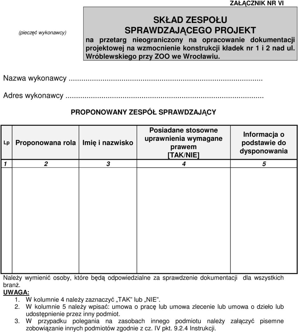 osoby, które będą odpowiedzialne za sprawdzenie dokumentacji dla wszystkich branż. UWAGA: 1. W kolumnie 4 należy zaznaczyć TAK lub NIE. 2.