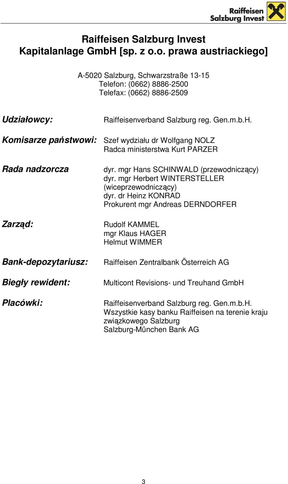 Komisarze państwowi: Szef wydziału dr Wolfgang NOLZ Radca ministerstwa Kurt PARZER Rada nadzorcza Zarząd: Bank-depozytariusz: Biegły rewident: Placówki: dyr.