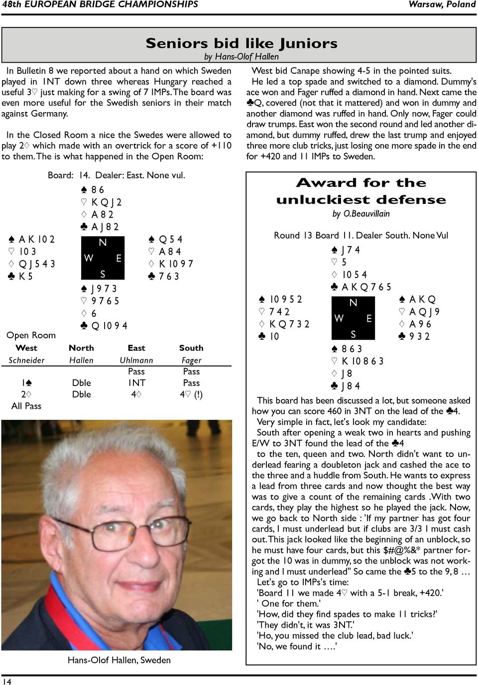 the is what happened in the : Seniors bid like Juniors by Hans-Olof Hallen West bid Canape showing 4-5 in the pointed suits. He led a top spade and switched to a diamond.