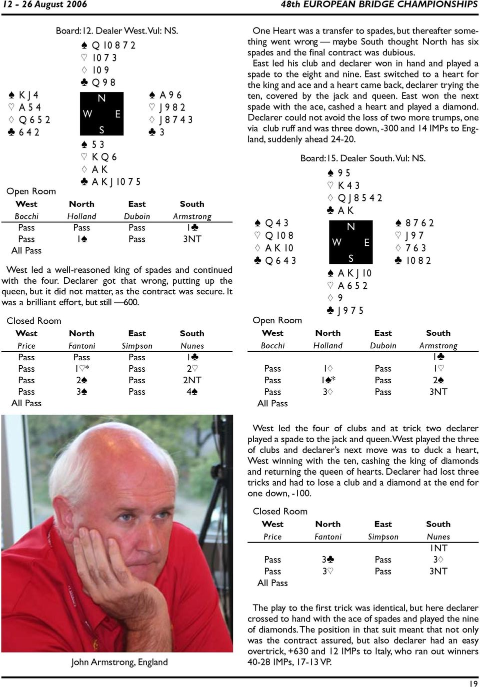 1[ Pass 3NT West led a well-reasoned king of spades and continued with the four. Declarer got that wrong, putting up the queen, but it did not matter, as the contract was secure.