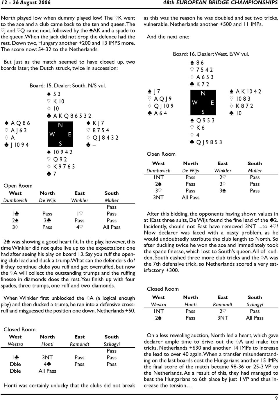 But just as the match seemed to have closed up, two boards later, the Dutch struck, twice in succession: Board: 15. Dealer: South. N/S vul.