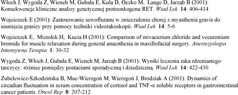 Wiad Lek 14: 5-6 Wojcieszek E, Miziołek H, Kucia H (2001): Comparison of mivacurium chloride and vecuronium bromide for muscle relaxation during general anaesthesia in maxillofacial surgery.