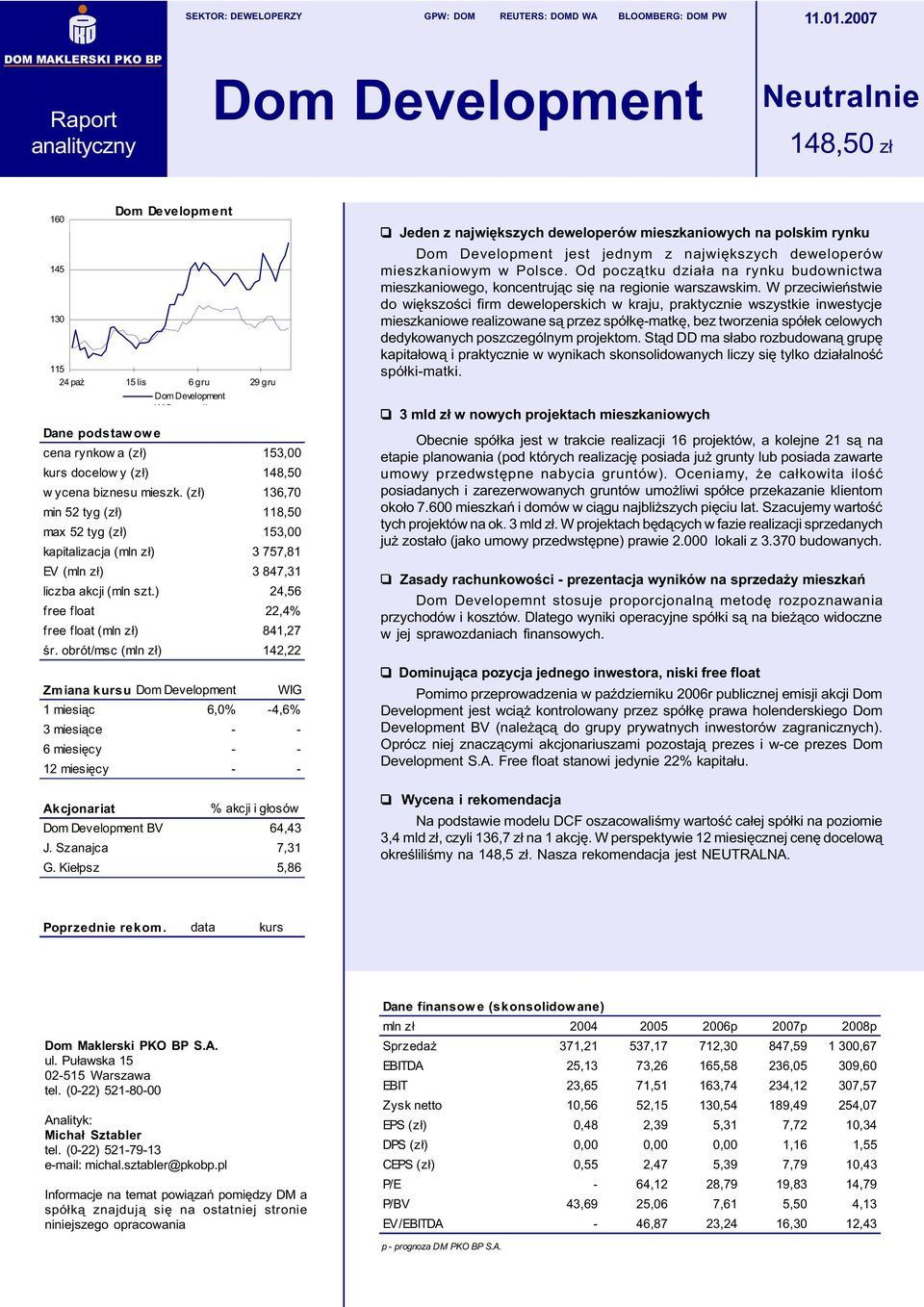 153,00 kurs docelow y (z³) 148,50 w ycena biznesu mieszk. (z³) 136,70 min 52 tyg (z³) 118,50 max 52 tyg (z³) 153,00 kapitalizacja (mln z³) 3 757,81 EV (mln z³) 3 847,31 liczba akcji (mln szt.