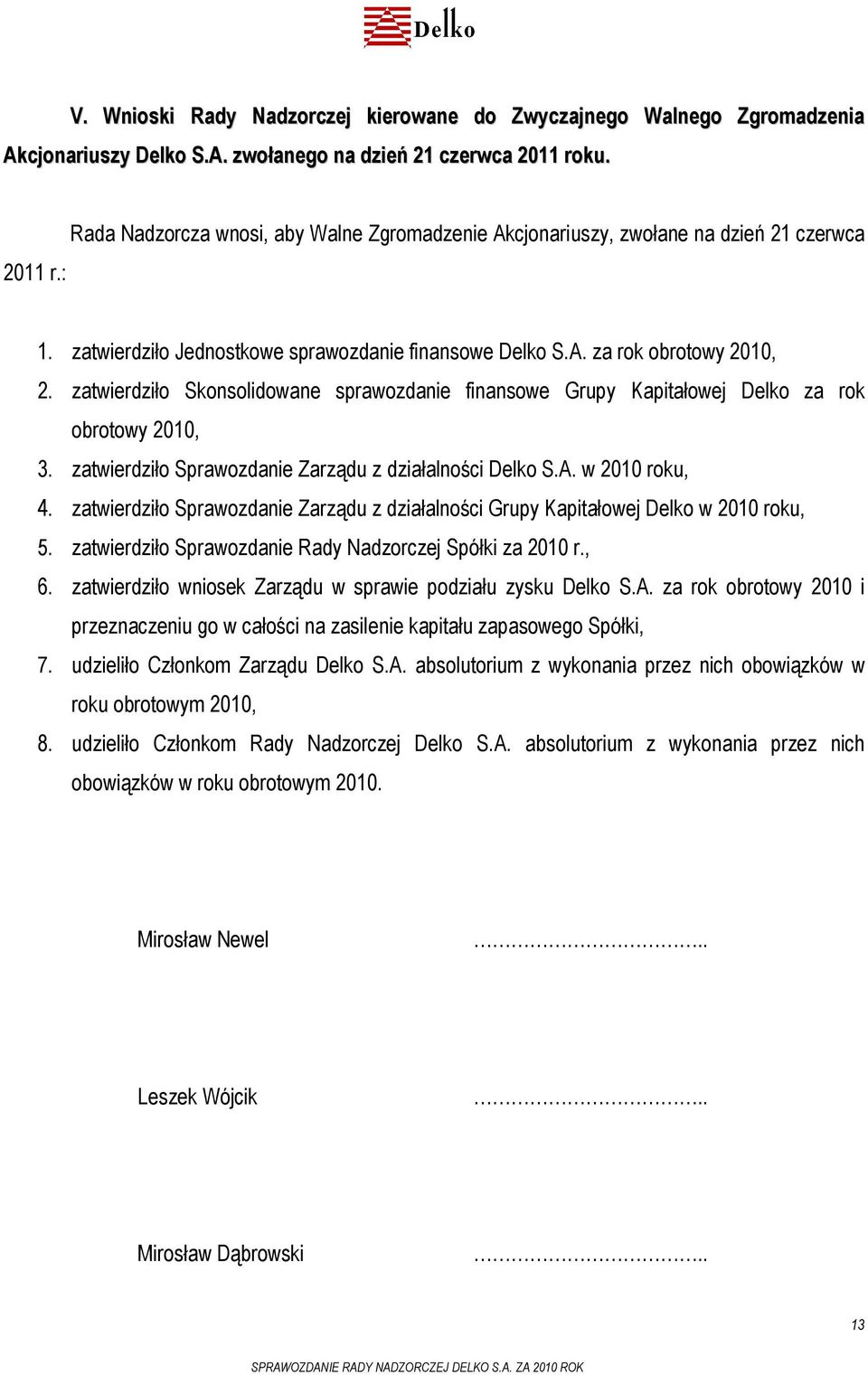 zatwierdziło Skonsolidowane sprawozdanie finansowe Grupy Kapitałowej Delko za rok obrotowy 2010, 3. zatwierdziło Sprawozdanie Zarządu z działalności Delko S.A. w 2010 roku, 4.