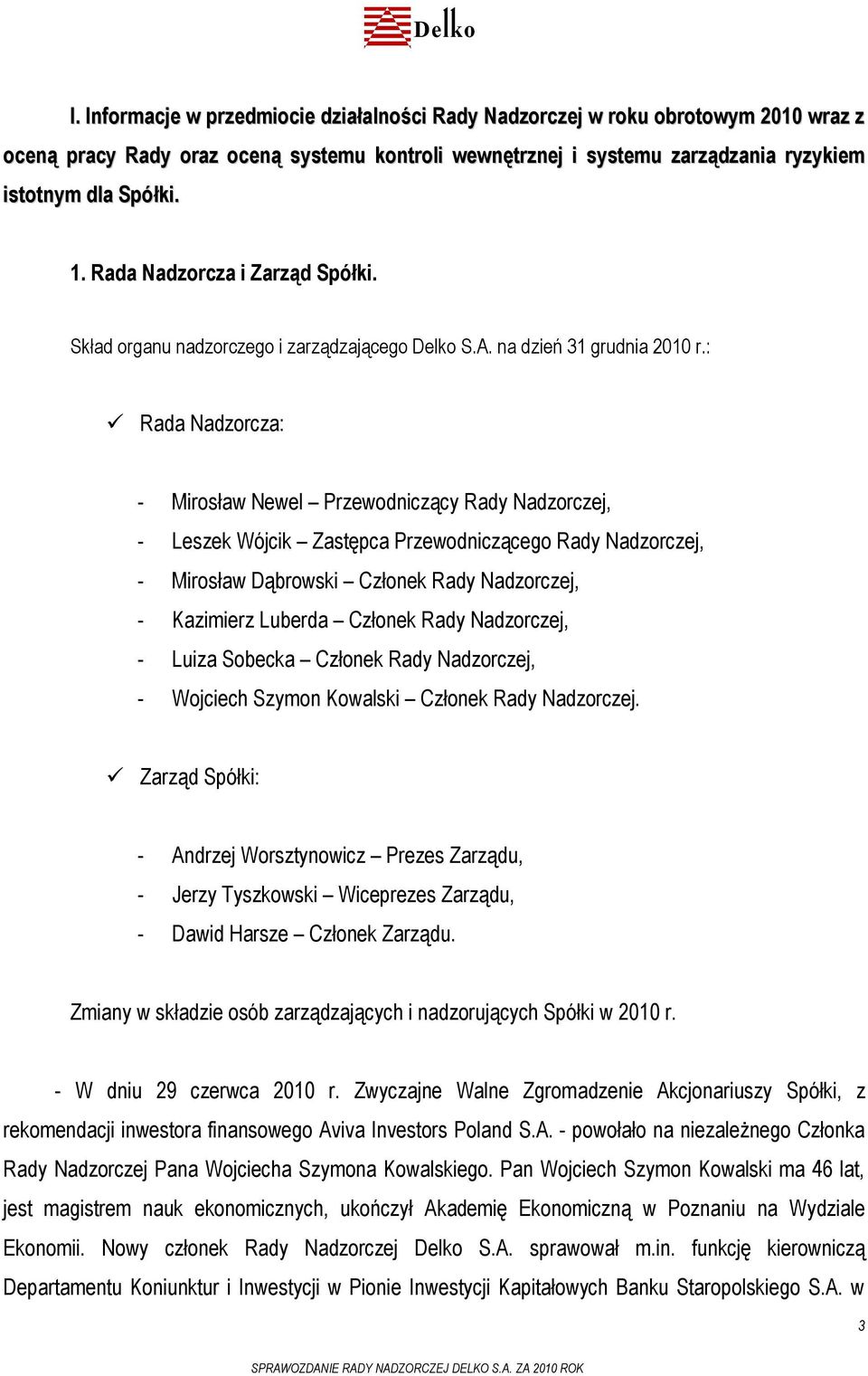 : Rada Nadzorcza: - Mirosław Newel Przewodniczący Rady Nadzorczej, - Leszek Wójcik Zastępca Przewodniczącego Rady Nadzorczej, - Mirosław Dąbrowski Członek Rady Nadzorczej, - Kazimierz Luberda Członek