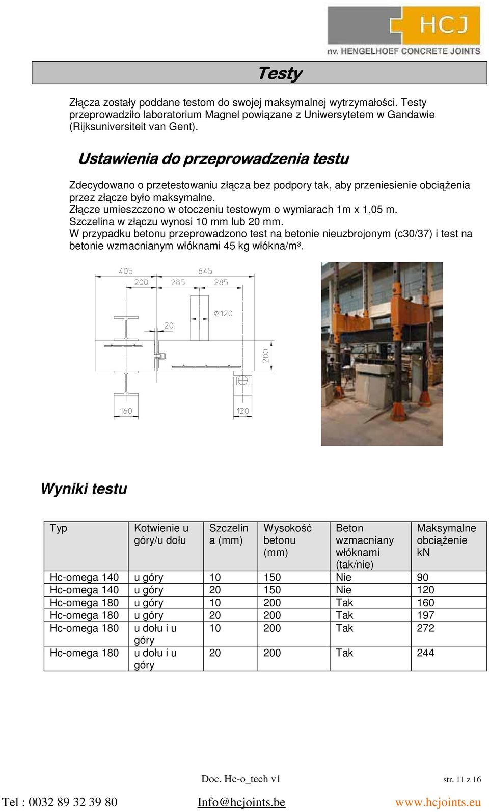 Szczelina w złczu wynosi 10 mm lub 20 mm. W przypadku betonu przeprowadzono test na betonie nieuzbrojonym (c30/37) i test na betonie wzmacnianym włóknami 45 kg włókna/m³.