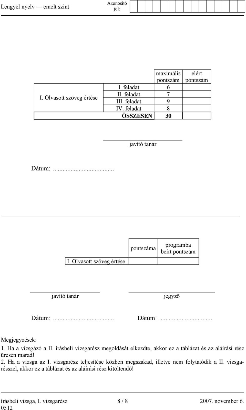 írásbeli vizsgarész megoldását elkezdte, akkor ez a táblázat és az aláírási rész üresen marad! 2. Ha a vizsga az I.