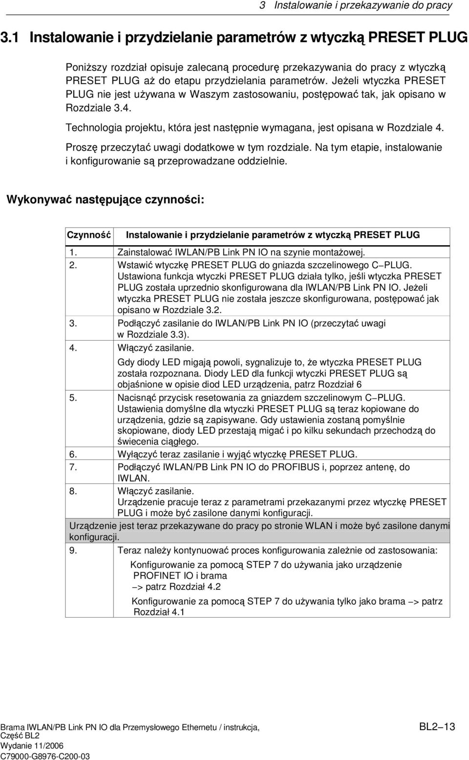 Jeeli wtyczka PRESET PLUG nie jest uywana w Waszym zastosowaniu, postpowa tak, jak opisano w Rozdziale 3.4. Technologia projektu, która jest nastpnie wymagana, jest opisana w Rozdziale 4.