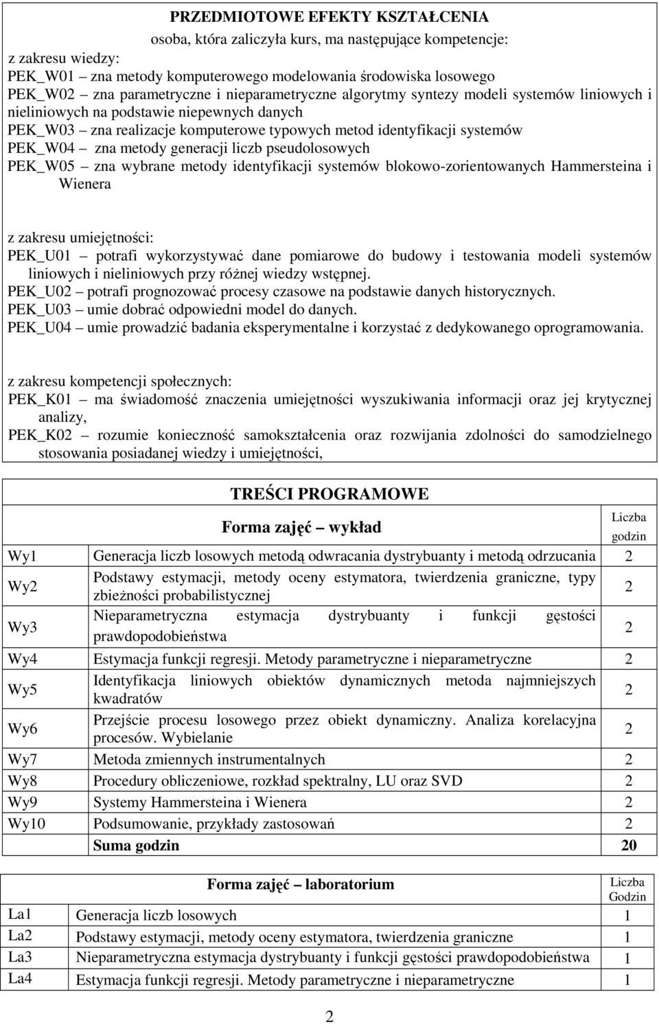 generacji liczb pseudolosowych PEK_W05 zna wybrane metody identyfikacji systemów blokowo-zorientowanych Hammersteina i Wienera z zakresu umiejętności: PEK_U01 potrafi wykorzystywać dane pomiarowe do