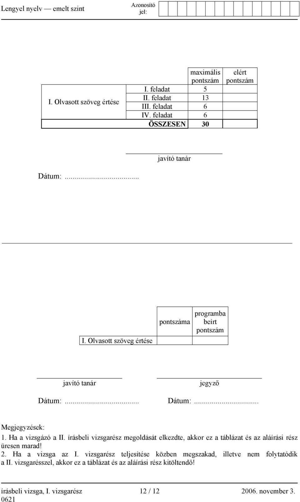 írásbeli vizsgarész megoldását elkezdte, akkor ez a táblázat és az aláírási rész üresen marad! 2. Ha a vizsga az I.