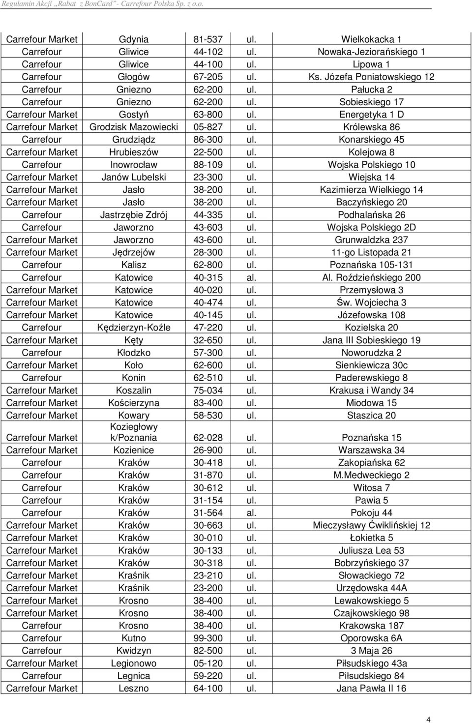 Energetyka 1 D Carrefour Market Grodzisk Mazowiecki 05-827 ul. Królewska 86 Carrefour Grudziądz 86-300 ul. Konarskiego 45 Carrefour Market Hrubieszów 22-500 ul.