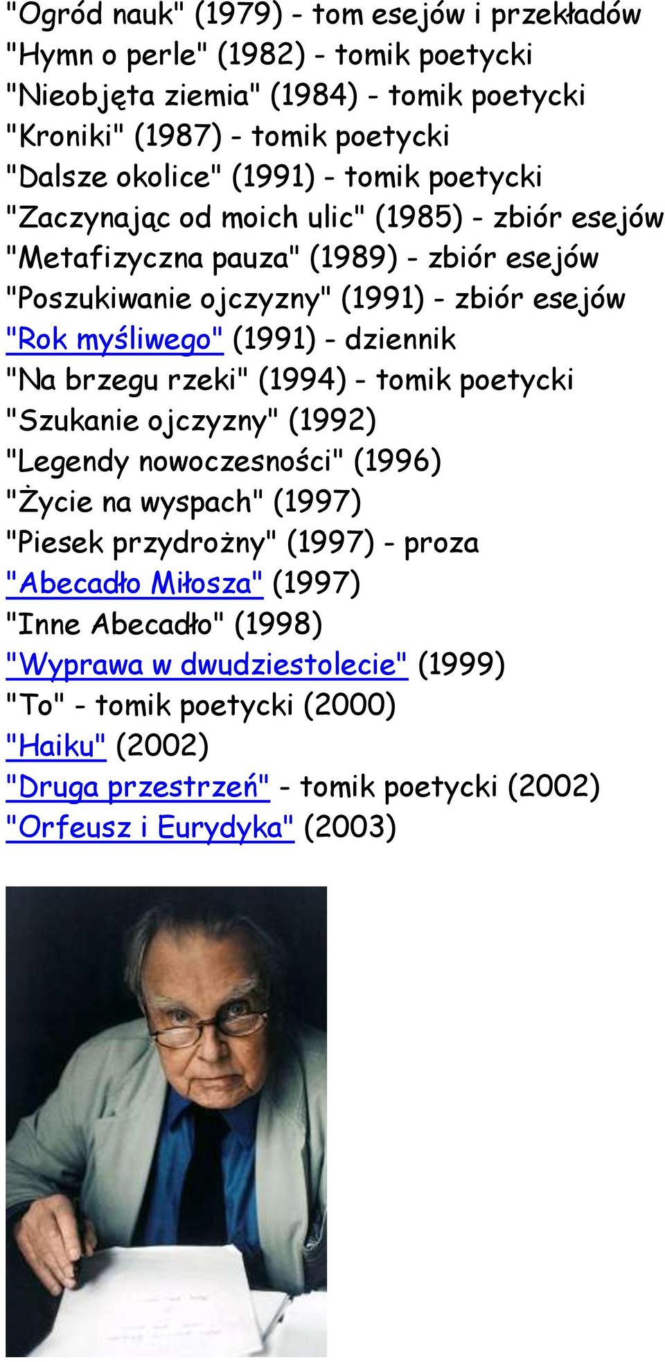 (1991) - dziennik "Na brzegu rzeki" (1994) - tomik poetycki "Szukanie ojczyzny" (1992) "Legendy nowoczesności" (1996) "Życie na wyspach" (1997) "Piesek przydrożny" (1997) - proza