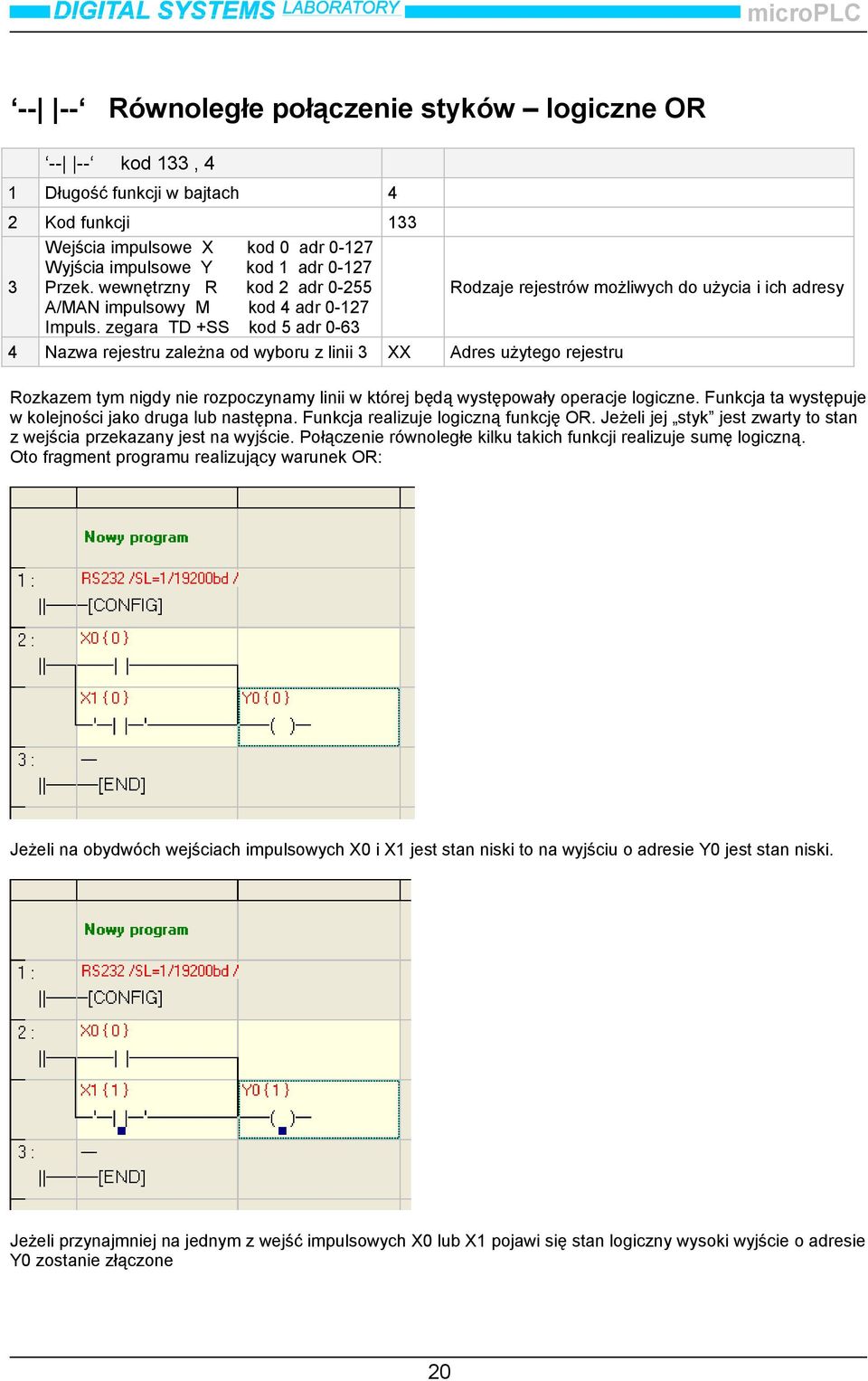 zegara TD +SS kod 5 adr 0-63 4 Nazwa rejestru zależna od wyboru z linii 3 XX Adres użytego rejestru Rozkazem tym nigdy nie rozpoczynamy linii w której będą występowały operacje logiczne.